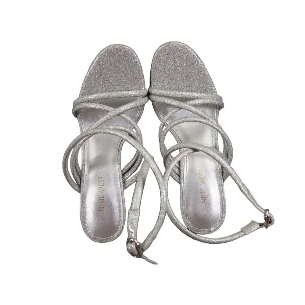 Nine West Shoes Womens 8 Heeled Sandal Ankle Strap Pumps Platform Silver Glitter
